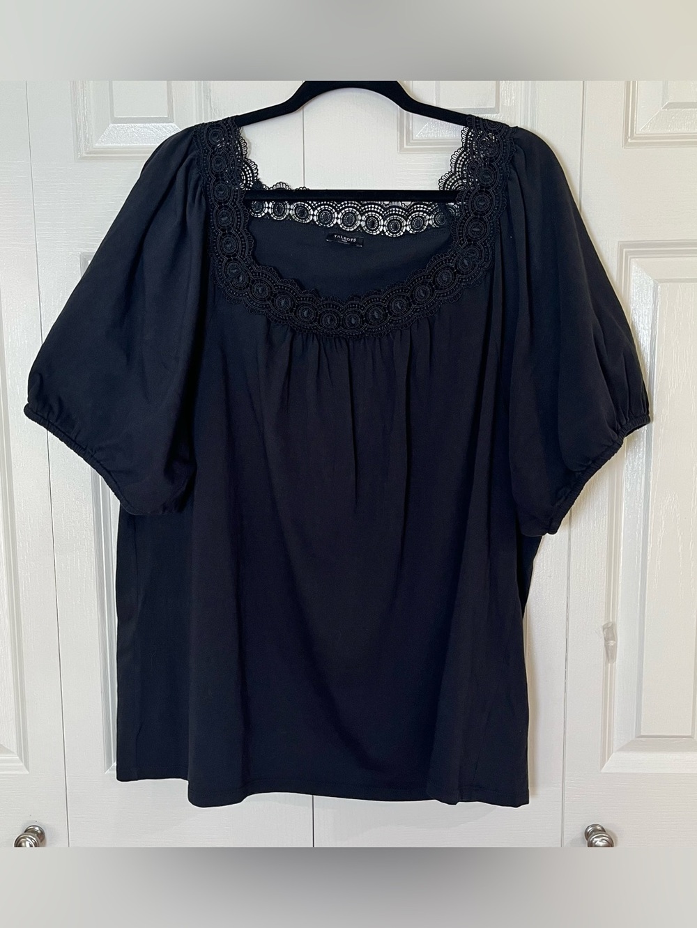 Talbots Black Lace Crocheted Square Neck Line Blouse Puff Sleeve